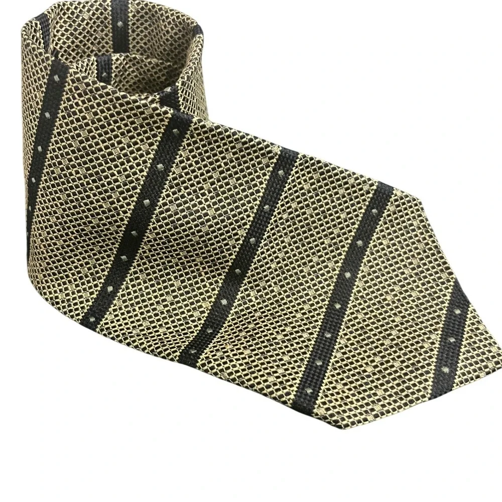 Balenciaga Paris Mens Silk Tie Tan Black Geometric Striped Woven Necktie Italy